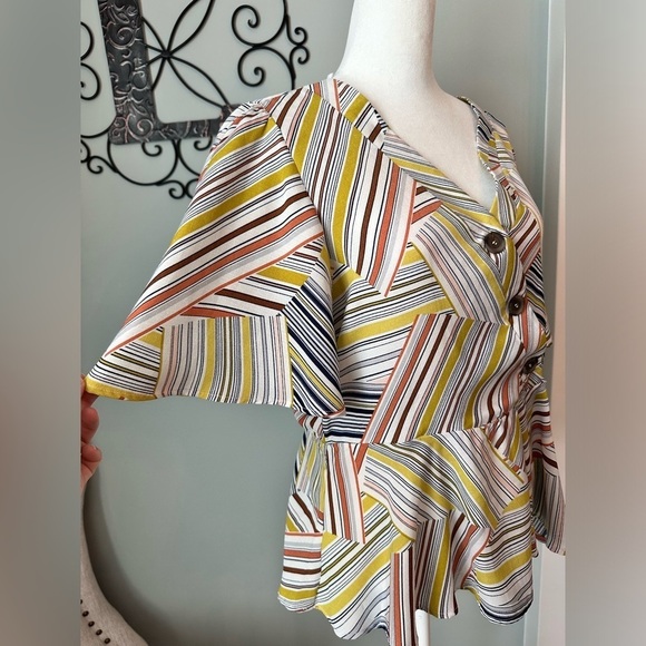 M luxology yellow abstract faux wrap peplum top wood buttons boho shirt retro - Picture 3 of 5